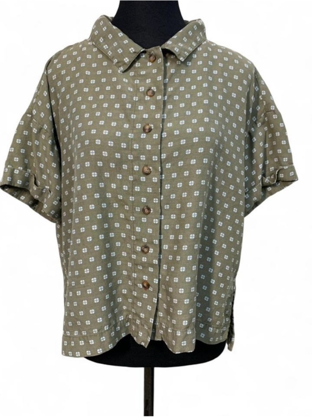 Toad & Co. Olive Green Print Retro Camp Shirt Women’s Sz M Granola Outdoor